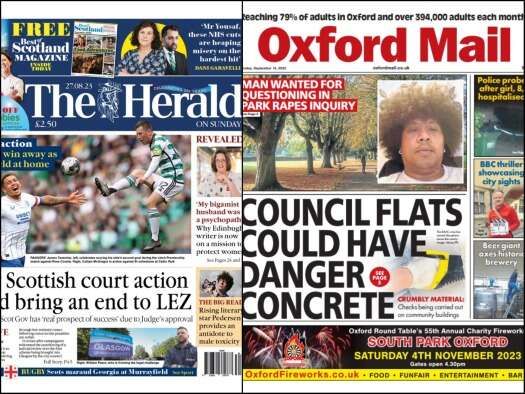 Recent front pages for the Herald on Sunday and Oxford Mail, two Newsquest titles.