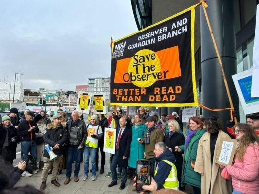 Guardian picket line on Wednesday 4 December 2024 - including Grayson Perry, Paul Waugh and Rebecca Long-Bailey. Picture: Press Gazette