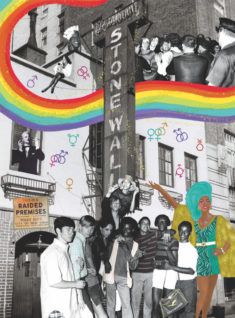 A collage of photos and illustrations of the Stonewall Protests.