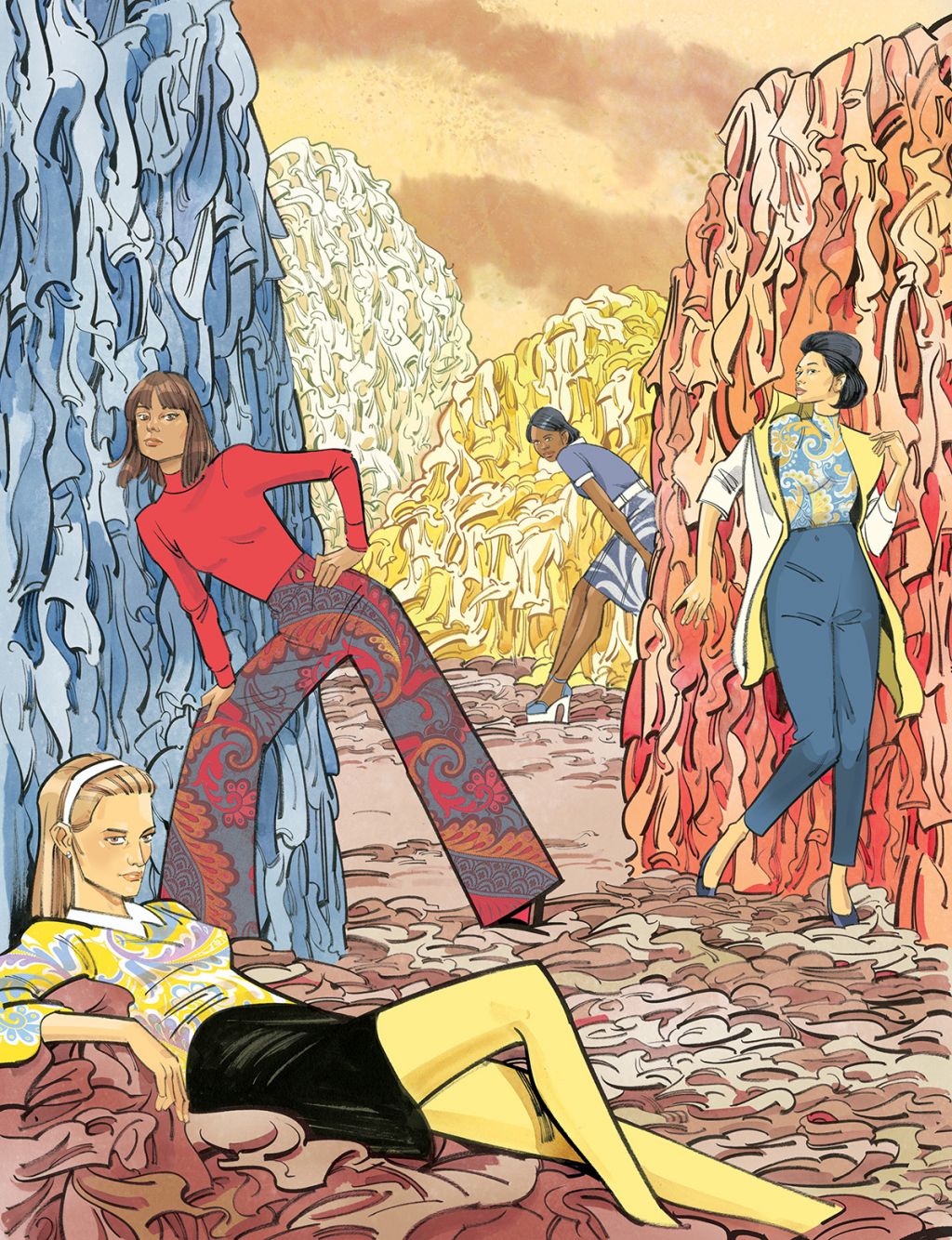 An illustration of several women modelling clothes. The ground is covered in discarded garments. Behind them are three towers of clothing, sorted by colour into red, yellow, white and blue piles