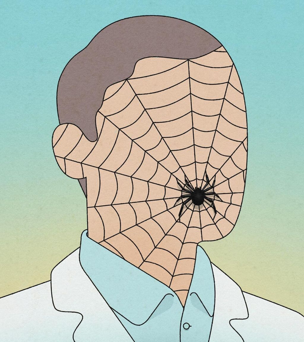 An illustration of man in a lab coat against a blue-green background. His face has no features but a spider web and spider.