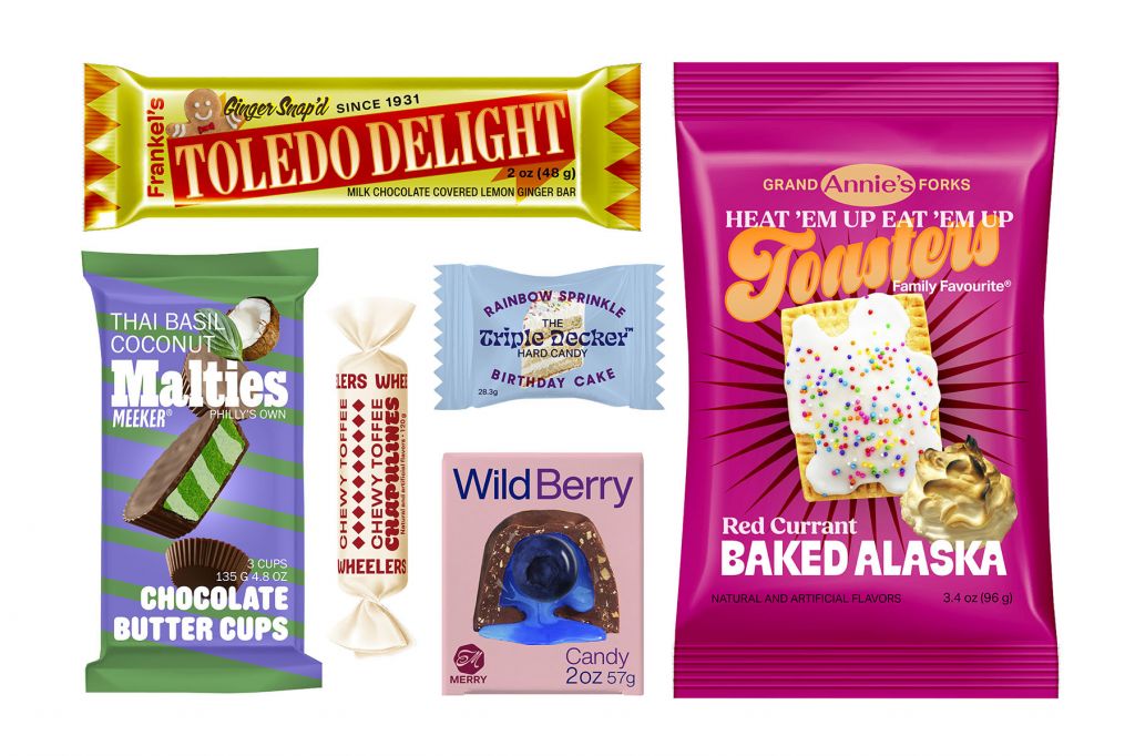 A photo illustration of several fake, brightly coloured junk food packages; Toledo Delight, Annie's Grand Forks Toasters, Wild Berry, Chapulines, Malties Meeker, and The Triple Decker Hard Candy