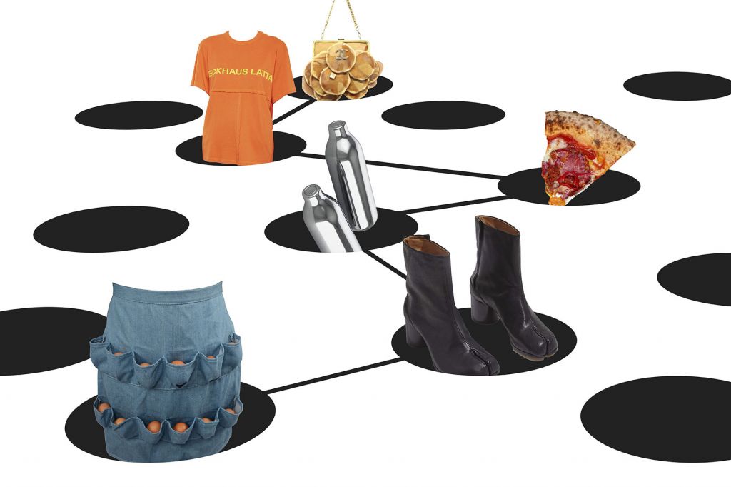 In a photo illustration, several different items, such as a slice of pizza and a pair of Tabis, appear on black dots that are connected together