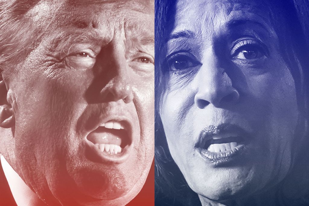 A photo illustration of two side-by-side, very close-up pictures of Donald Trump and Kamala Harris. Trump's face is shaded blue while Harris's is blue.