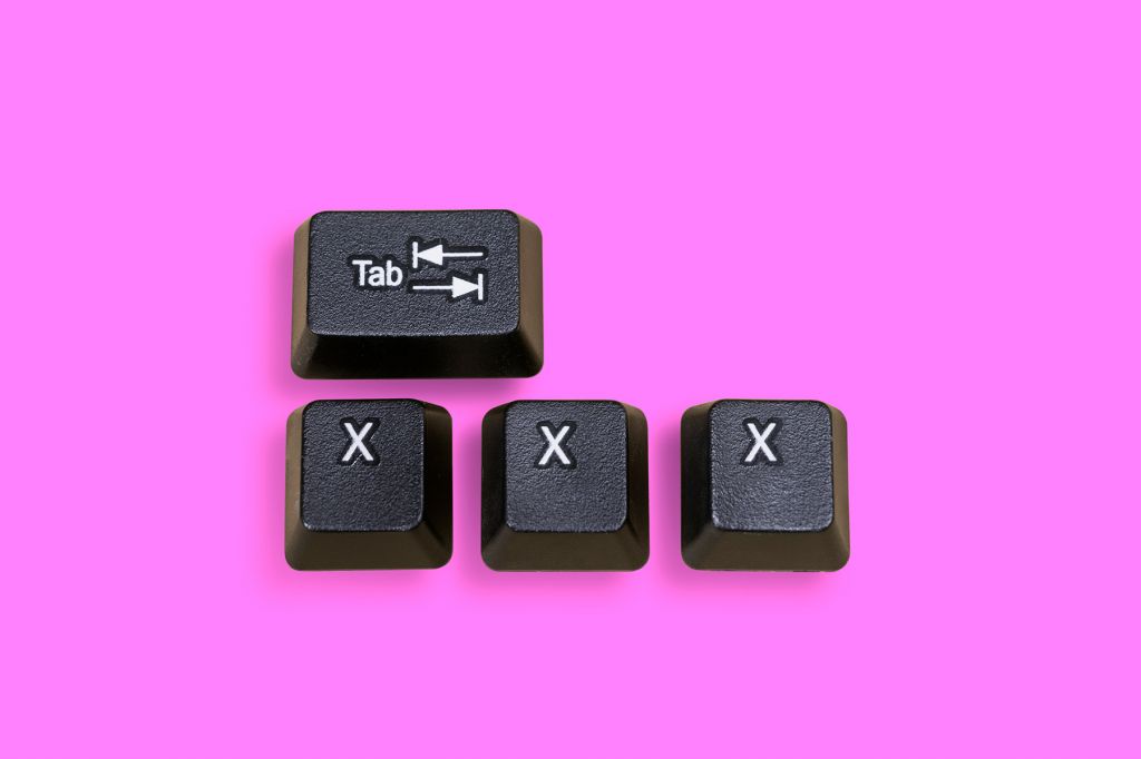 A hot pink background with black computer keys; one is a tab key, a second is a row of three x's