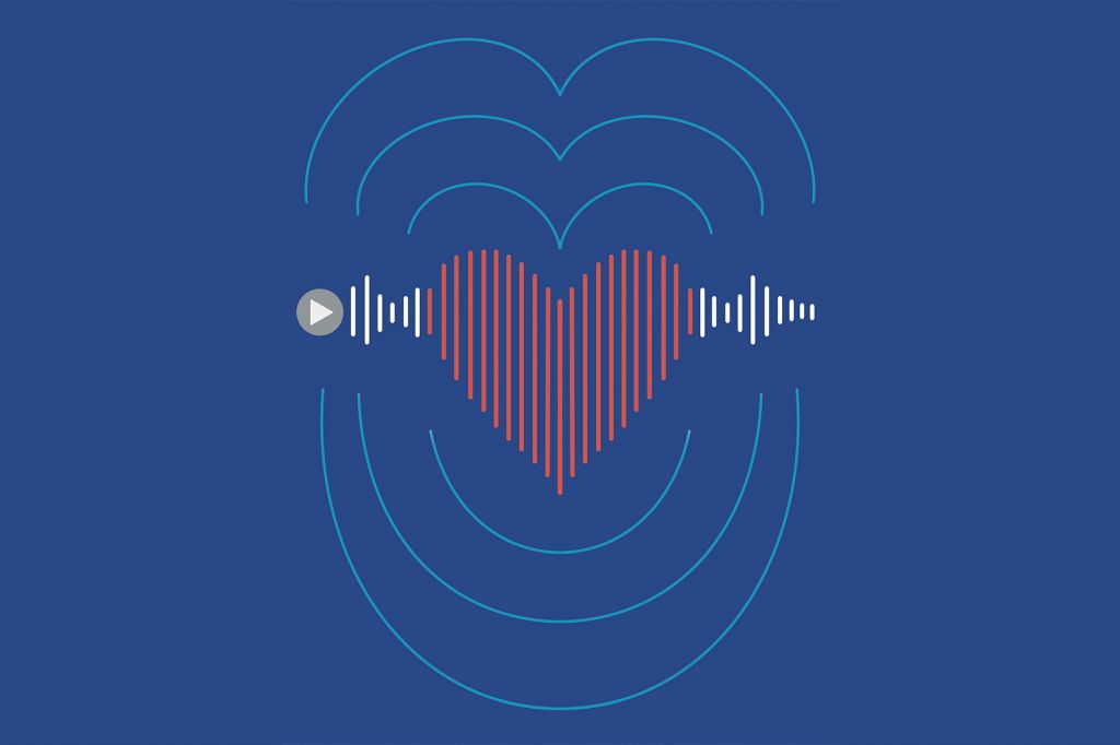 An illustration of sound waves on a blue background. Several white bars flank a red heart made up of sound waves. It's encircled by blue heart shapes extneding outward.