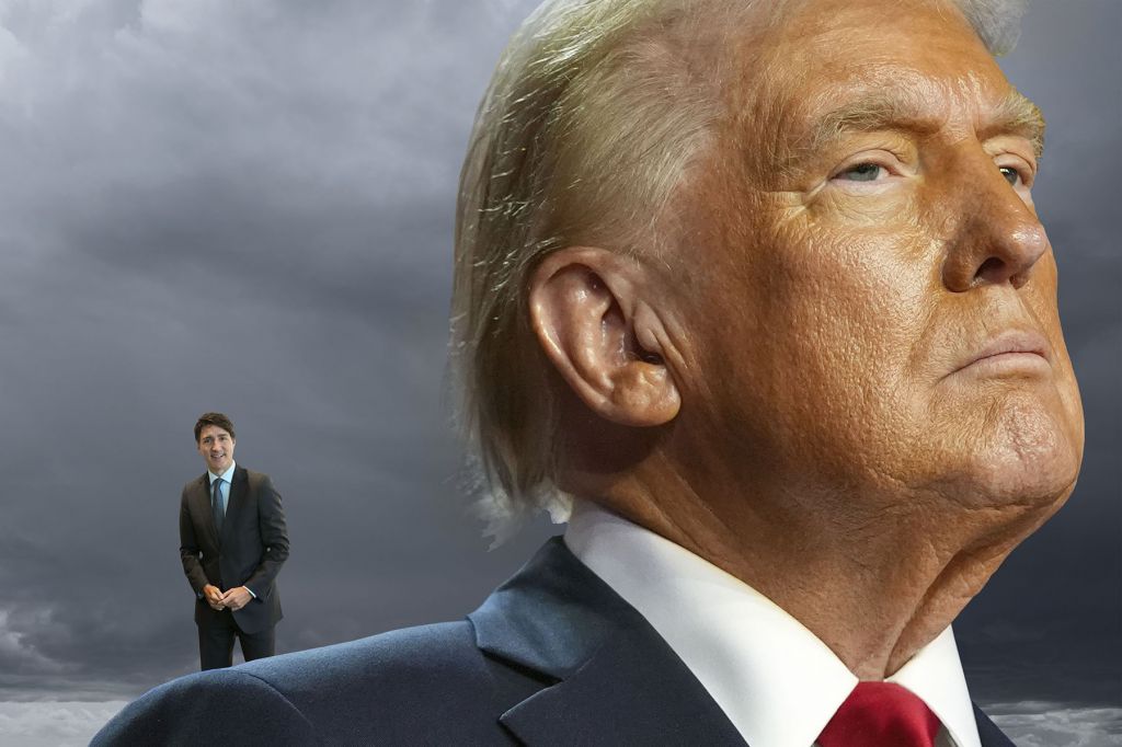 A large image of Donald Trump takes up most of the frame while a much smaller image of Justin Trudeau peers out behind Trump's shoulder. They are superimposed against stormy skies.