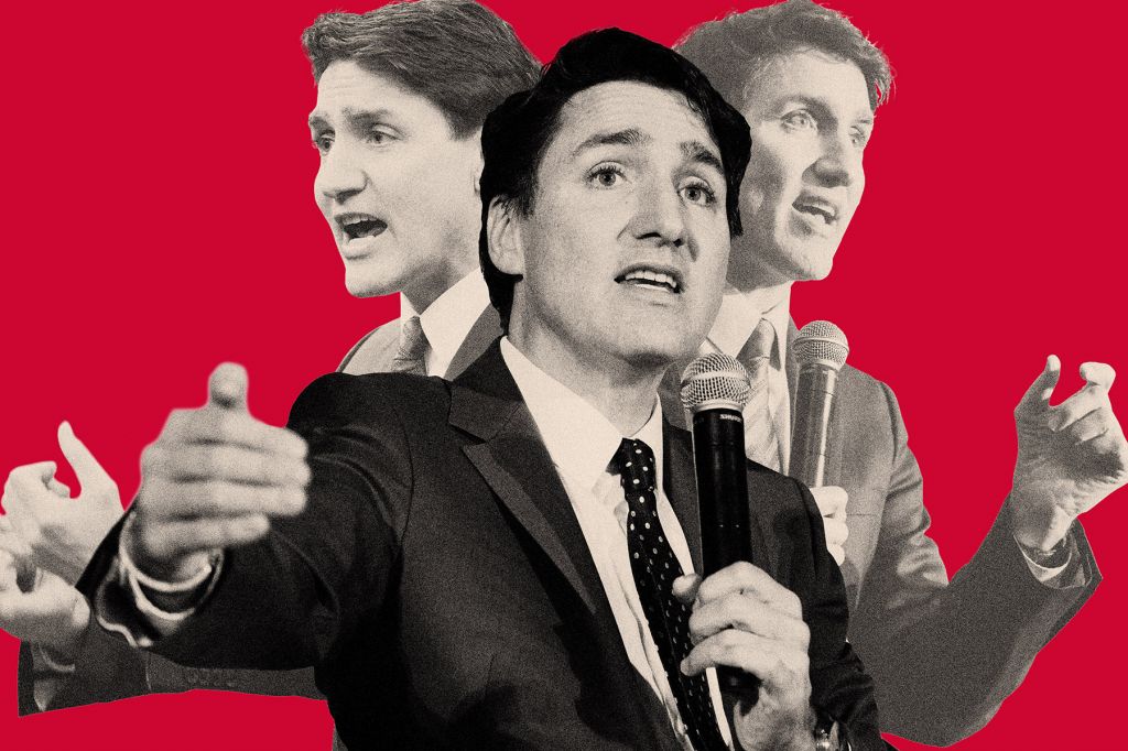 In a photo illustration, three black-and-white pictures of Justin Trudeau facing three different directions appear against a red background