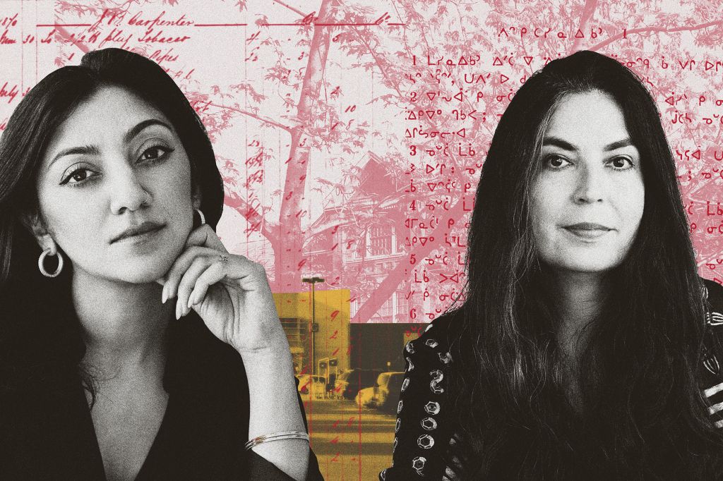 A photo illustration with black-and-white portraits of Sadiya Ansari and Tanya Talaga. Behind them is text in Cree and English in red, as well as a Victorian building. A close-cropped yellow-tinged picture shows traffic