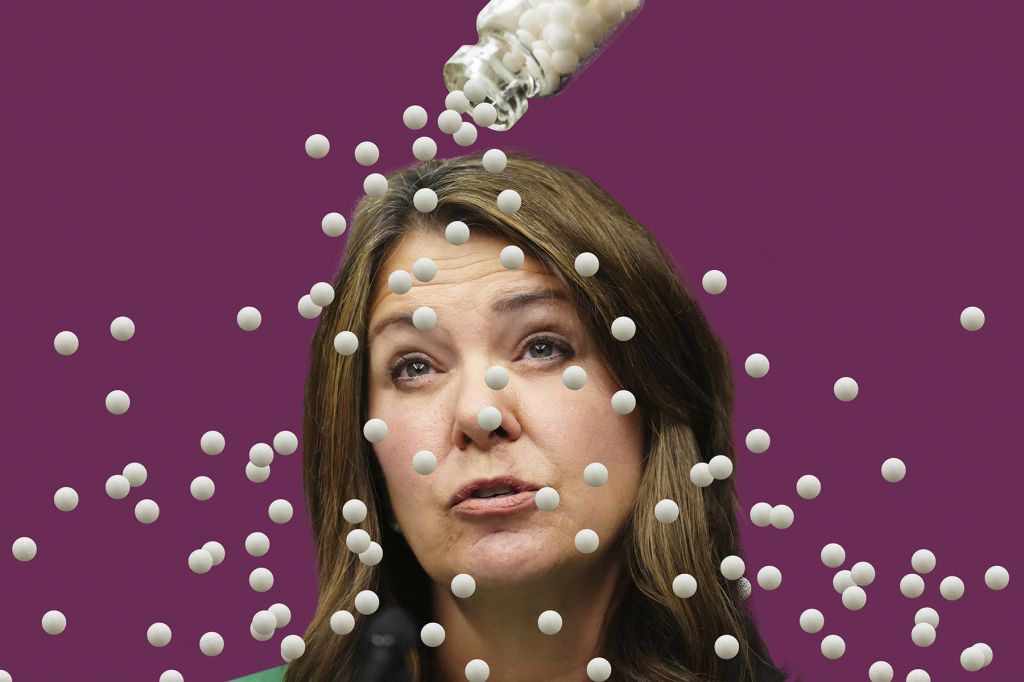 In a photo illustration with a purple background, a bottle or round pills flow out of a bottle in front of a picture of Alberta premier Danielle Smith