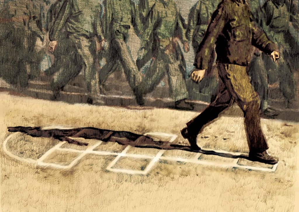 Illustration of boys marching in a group wearing camo jackets and pants. One boy is marching over a hopscotch court drawn on the ground.