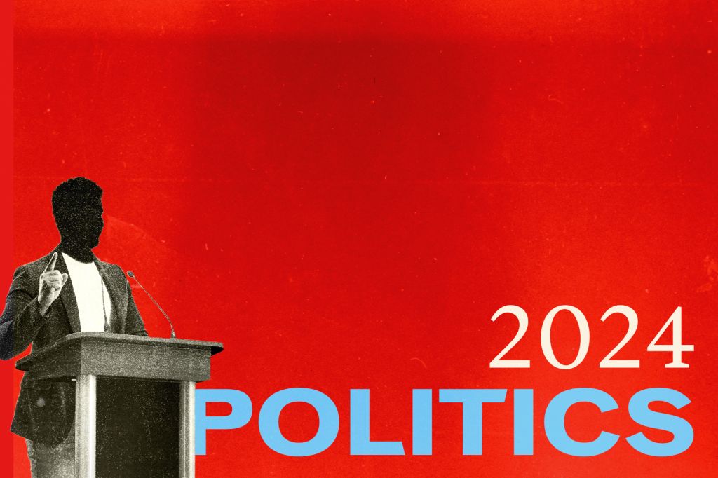 In a photo illustration, a man in a suit raises a finger from behind a podium. Text against a red background reads 2024 Politics