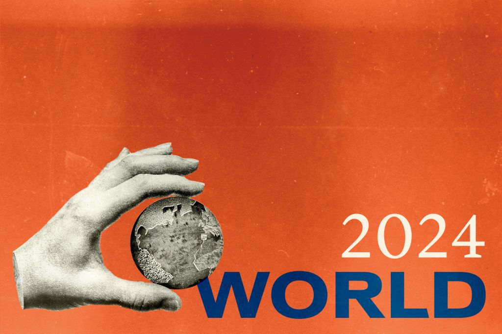 In a photo illustration, a hand holds a small globe. Text against an orange background reads 2024 World