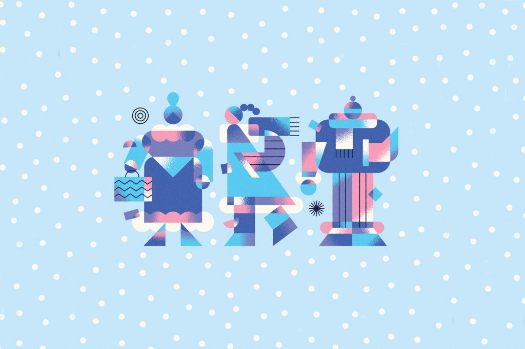 In an illustration, three geometric-style figures in pink, blue, and purple are dressed in winter clothes. The background is light blue with a pattern of white snow.