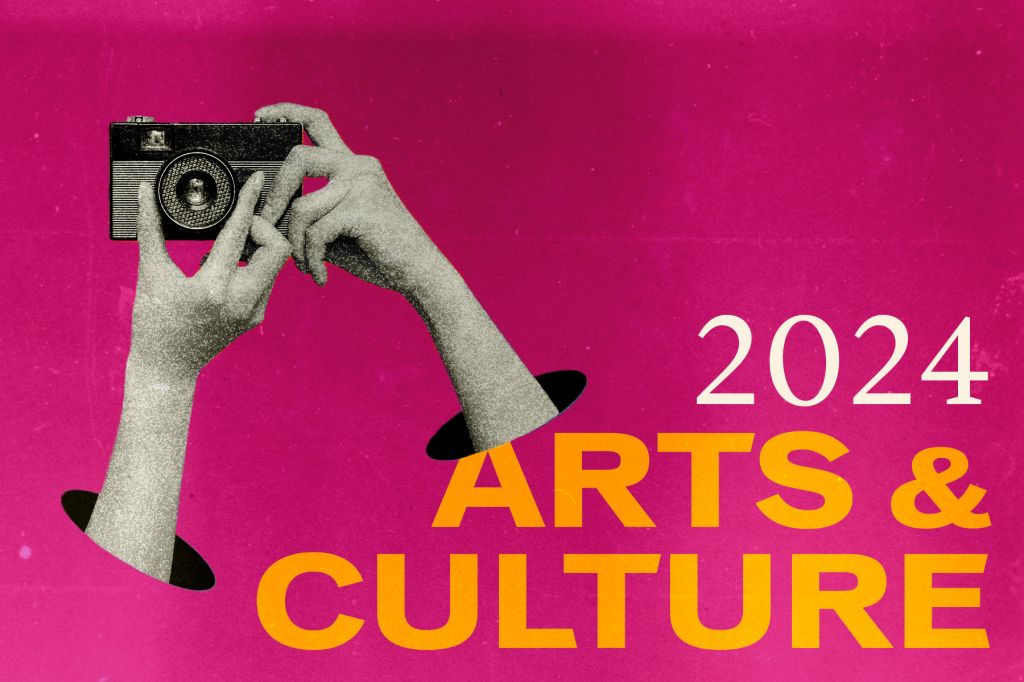 In a photo illustration, hands adjust a vintage camera. Text against a pink background reads 2024 Arts & Culture