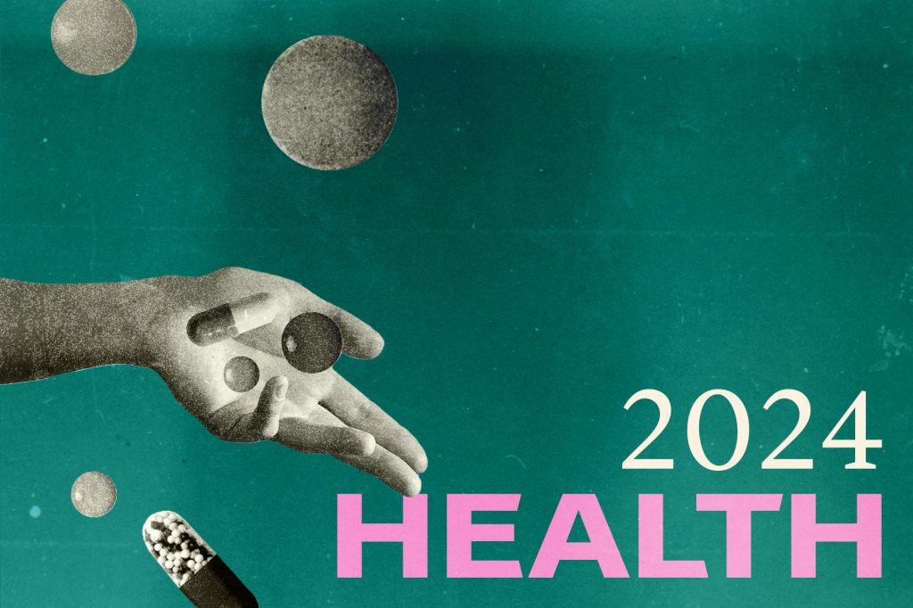 In a photo illustration, a hand holds out oversized pills and capsules. Text against a teal background reads 2024 Health