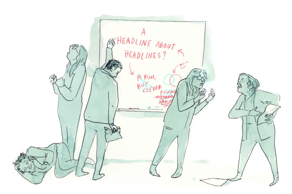 An illustration of five people looking frustrated or fighting. They stand in front of a white board filled with ideas about headlines