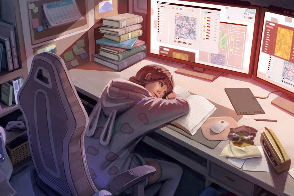 An illustration of a teenager lying with her head down on the desk in the glow of a busy computer screen