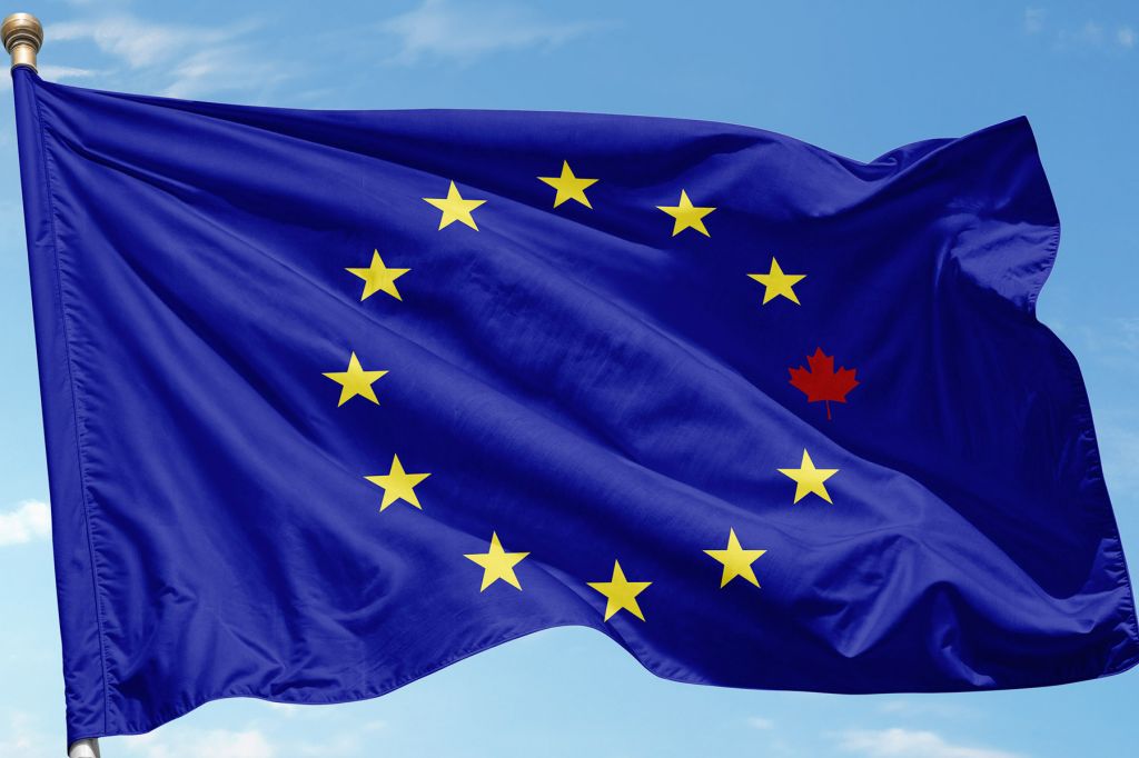 A photo illustration of the EU flag with a red maple leaf among the yellow stars