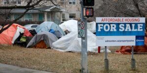 An encampment of houseless persons in Edmonton in December of 2023.