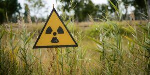 A radioactive sign at the radioactive exclusion zone around Chernobyl in Ukraine.