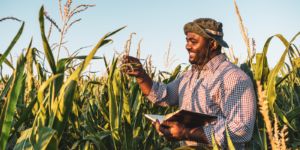 A black man in a field of wheat, smiling and holding a notebook.