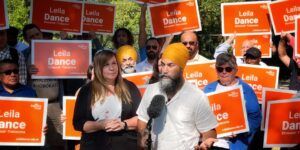 Jagmeet Singh campaigning with Leila Dance on September 15 prior to the Elmwood-Transcona byelection.