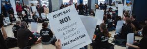 A sign from a Jews Say No to Genocide rally.