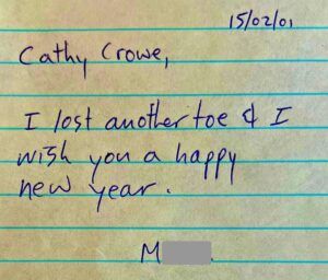 A patient’s note to Cathy.