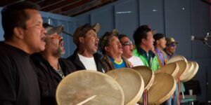 Tetlit Zheh drummers at the summer Midway Lake Festival.