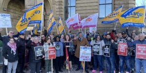 CUPW members protesting outside of the Prime Minister's office in November.