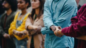 A group of folks holding hands in solidarity.