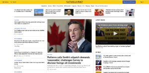 A screencapture of the homepage of the National Post, Postmedia's flagship product, on Friday, March 21.