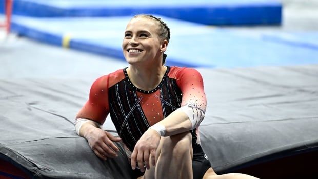 Canadian female gymnast looks on during a warmup session at the Women's Artistic Gymnastics competition of the 2024 Canadian Gymnastics Championships, in Gatineau, Que., on Friday, June 7, 2024. THE CANADIAN PRESS/Justin Tang