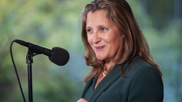 Deputy Prime Minister and Minister of Finance Chrystia Freeland speaks to reporters at the Liberal caucus retreat in Nanaimo, B.C., on Tuesday, September 10, 2024.