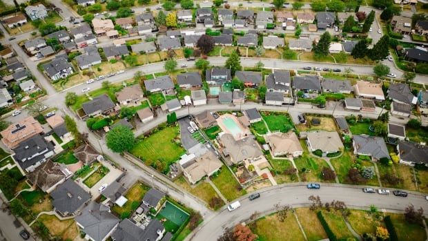 A large number of single-family homes and green lawns interspersed with streets are arrayed in an aerial view.