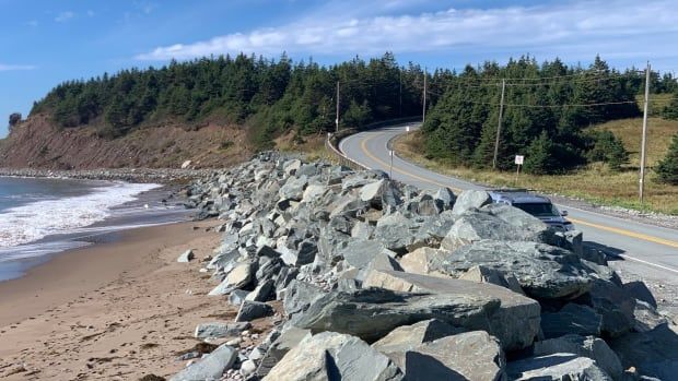 A wall of large grey rocks separates a beach from a road.