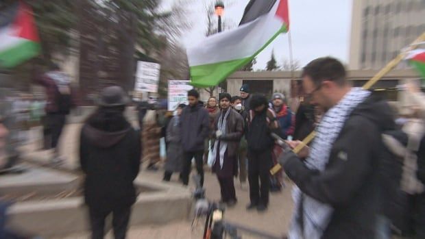 Palestinian flags and people.