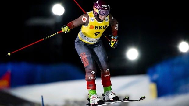 Canadian ski cross racer Marielle Thompson in action during the women's qualification run at a World Cup in Arosa, Switzerland on Dec. 16, 2024.