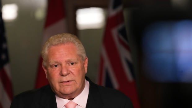 Ontario Premier Doug Ford speaks to the media outside of his office in the Queens Park Legislature, in Toronto, on Wednesday  December 11, 2024. Ford joined a call between Provincial Premiers and Prime Minister Justin Trudeau in regard to incoming US President Donald Trump's threats of tariffs.