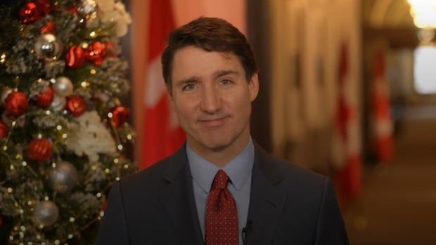 A man in a suit stands with a decorated Christmas tree in the background on one side, and flags on the other