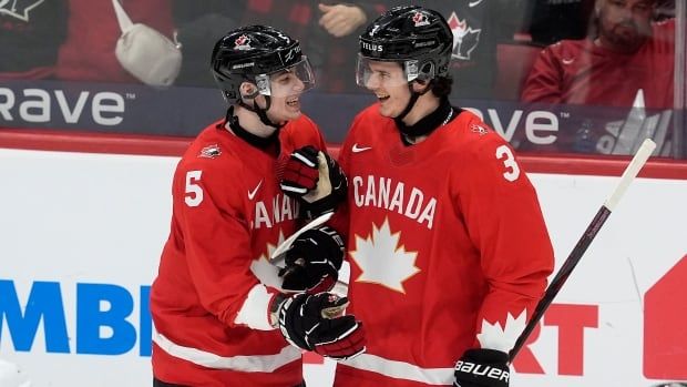 Two hockey players celebrate together.