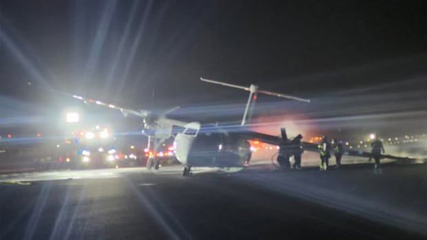 Plane on the ground, leaning on one side as officials stand around it.