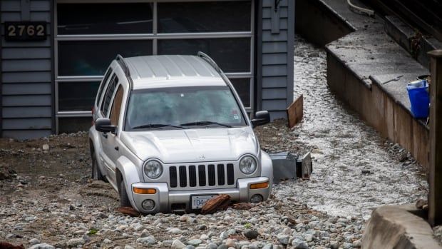 A car in a sloped driveway is surrounded by mud and debris.