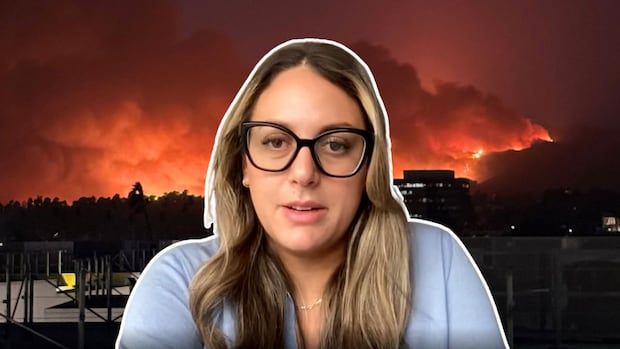 A screen shot of Evara David during a virtual interview, cut out and put over an image of the LA fires she took from her home