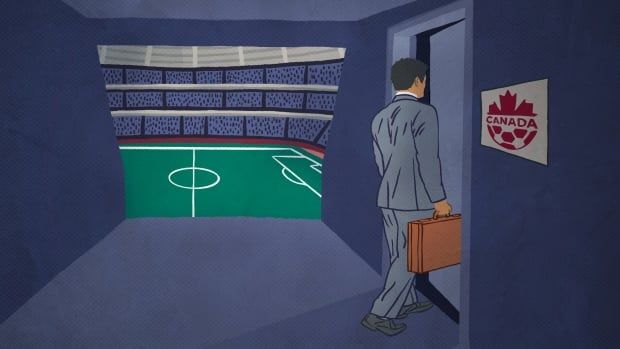 An illustration of a soccer executive leaving a room with a window onto a soccer stadium.