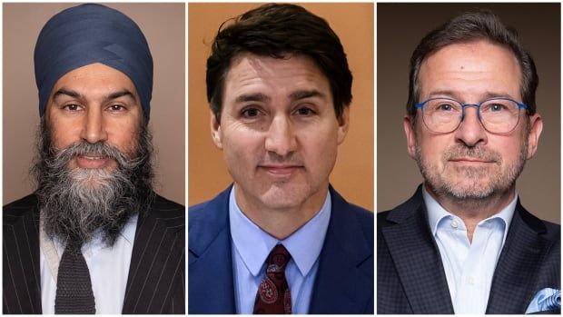 Composite illustration featuring NDP Leader Jagmeet Singh, left, Liberal Leader Justin Trudeau, centre, and Bloc Quebecois Leader Yves-Francois Blanchet.