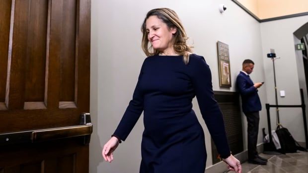 Liberal MP Chrystia Freeland, former minister of finance and deputy prime minister, leaves after attending a meeting of the Liberal Caucus, in West Block on Parliament Hill, in Ottawa, Wednesday, Jan. 8, 2025. 