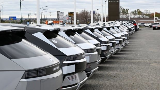 New electric cars are lined up at a Hyundai car dealership on Friday October 11, 2024 in Quebec City.