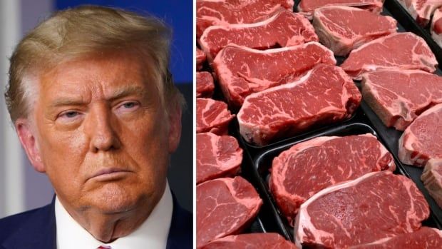 two images, side by side. on the left, an older man in a suit. on the right, several raw steaks in rows at a grocery store.